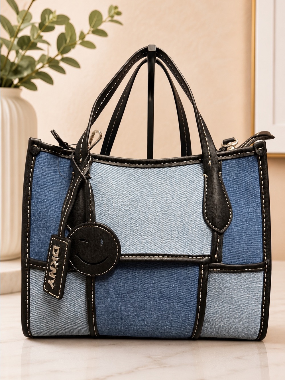 DKNY Blue Patchwork Denim Tote with Black Trim New